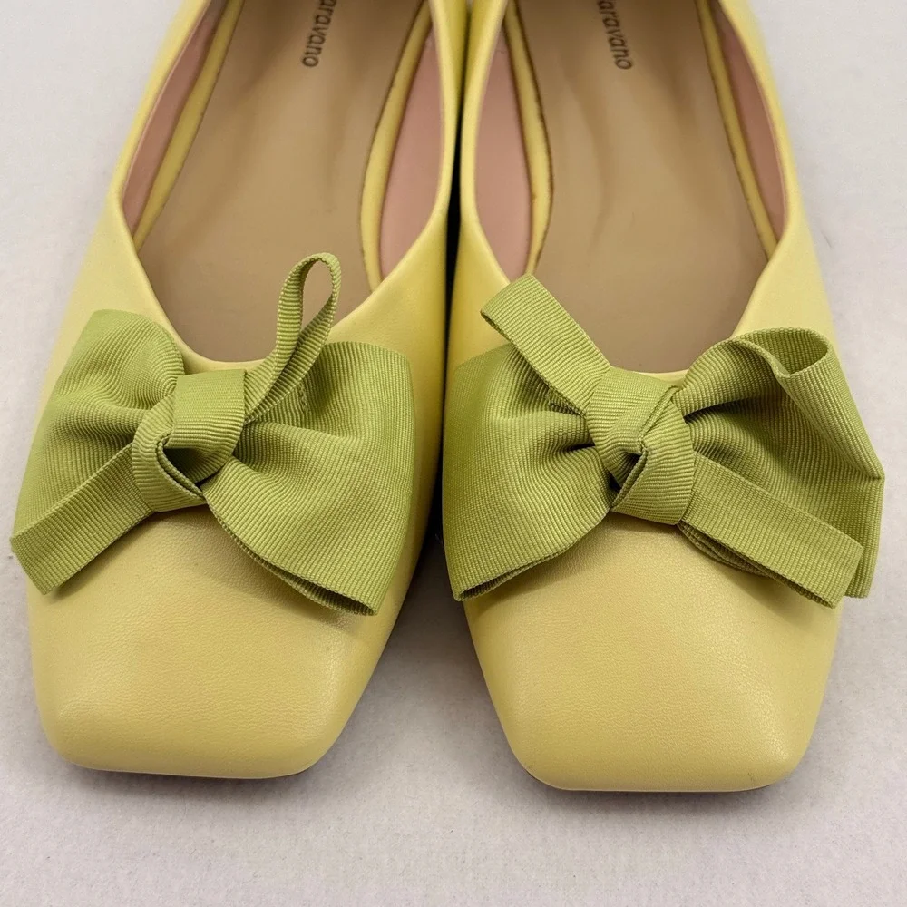 C.Paravano Women Pastel Yellow Square Toe Bow Ballet Flats Size 42 LimeGreen Bow